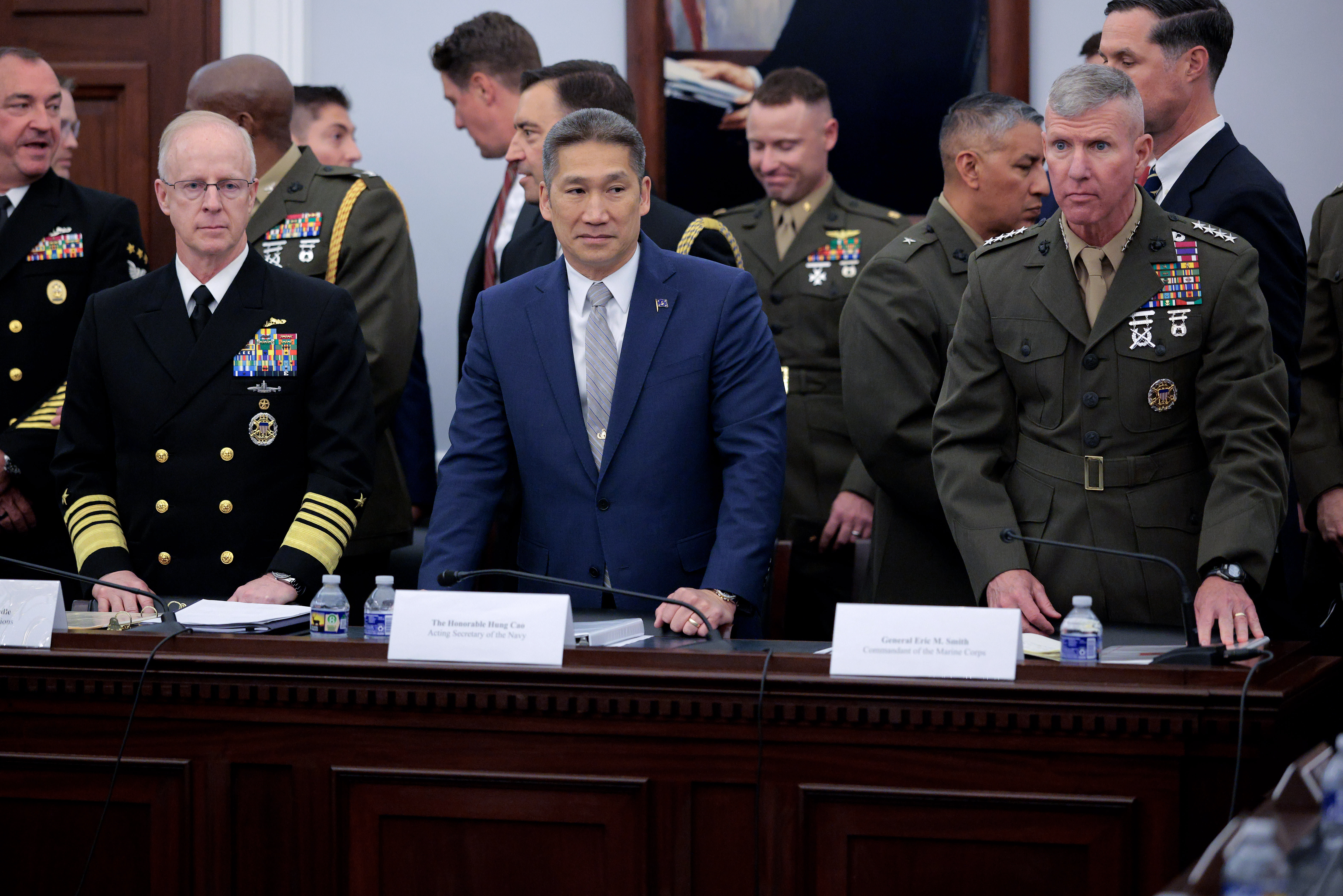 Acting Secretary of the Navy Hung Cao and Commandant of the Marine Corps General Eric Smith prepare to testify before the House Appropriations Subcommittee on Defense about the Navy