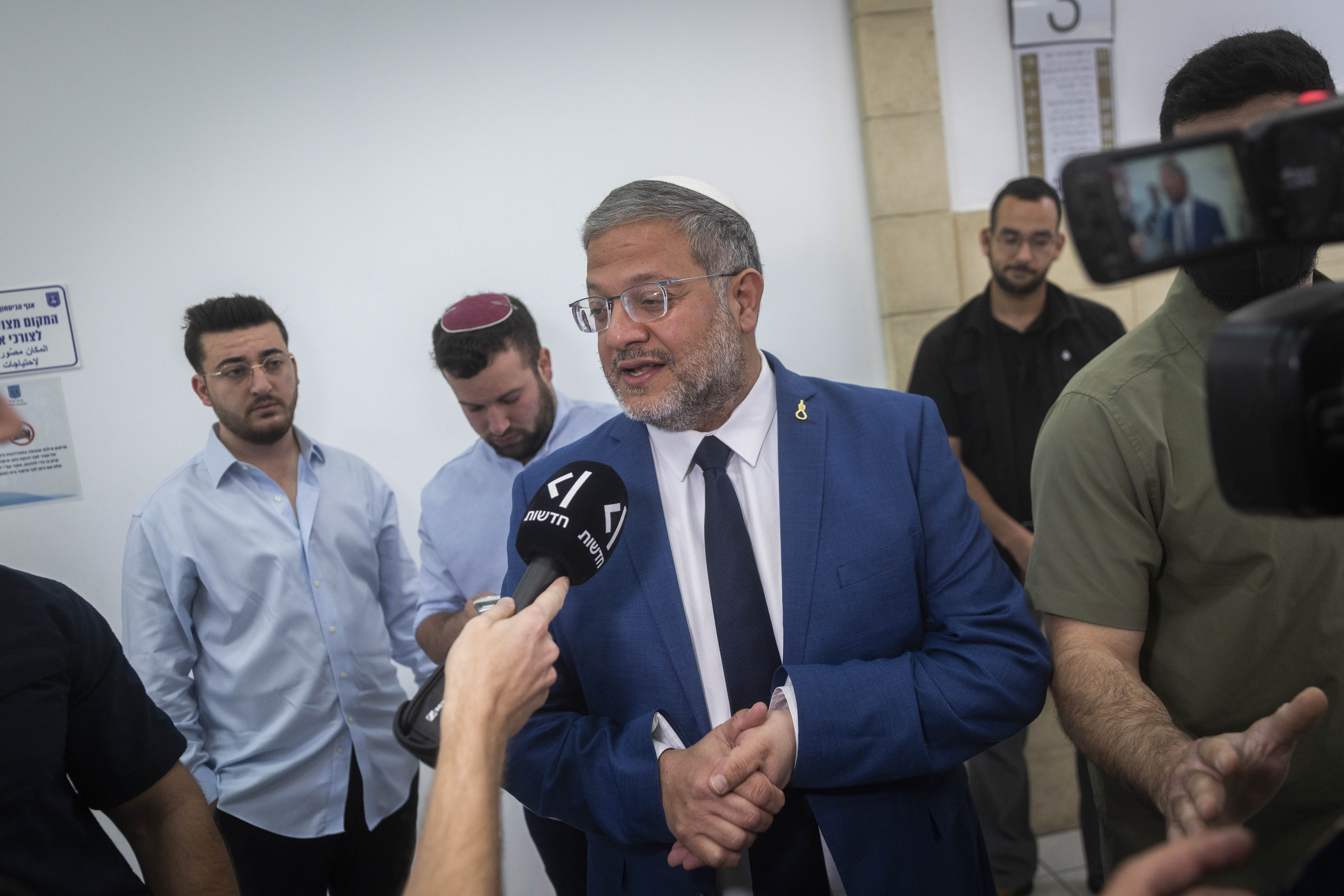 National Security Minister Itamar Ben-Gvir arrives for a hearing at the District Court in Jerusalem, April 16, 2026. (photo credit: CHAIM GOLDBERG/FLASH90)