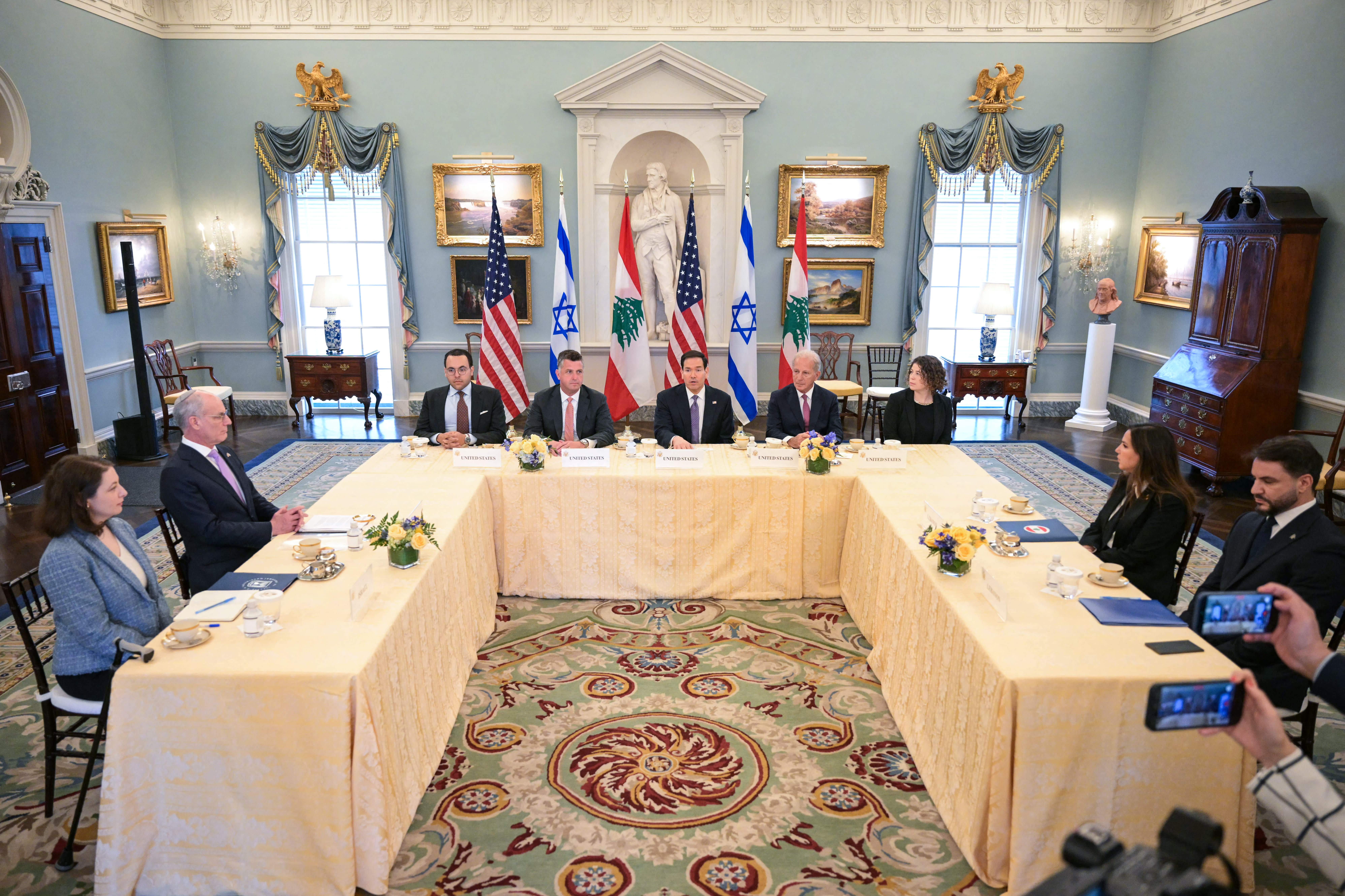 US Secretary of State Marco Rubio (C) speaks during a meeting with Lebanon