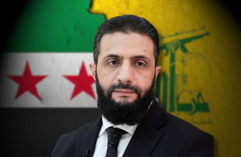  Syrian President Ahmad al-Sharaa in front of the Syrian and Hezbollah flags (illustrative). (photo credit: REUTERS/KHALIL ASHAWI/FILE PHOTO, SHUTTERSTOCK)