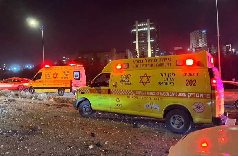 Magen David Adom responding to site of Iranian ballistic missile impact in Jerusalem area, March 1, 2026. (photo credit: MAGEN DAVID ADOM SPOKESPERSON) Magen David Adom responding to site of Iranian ballistic missile impact in Jerusalem area, March 1, 2026. (photo credit: MAGEN DAVID ADOM SPOKESPERSON)