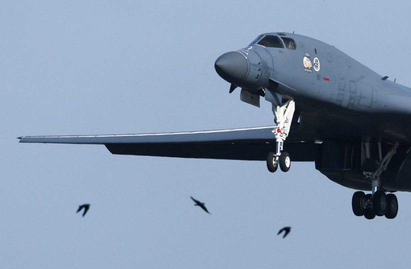 A USAF B-1 bomber takes off at RAF Fairford airbase, used by United States Air Force (USAF) personnel, amid the U.S.–Israeli conflict with Iran, in Fairford, Gloucestershire, Britain, March 17, 2026.  (photo credit: TOBY MELVILLE/REUTERS)