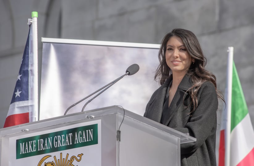 Iranian Crown Princess Noor Pahlavi addresses a crowd in Los Angeles during global demonstrations marking the “Global Day of Action” called by her father, Crown Prince Reza Pahlavi, February 14, 2026.