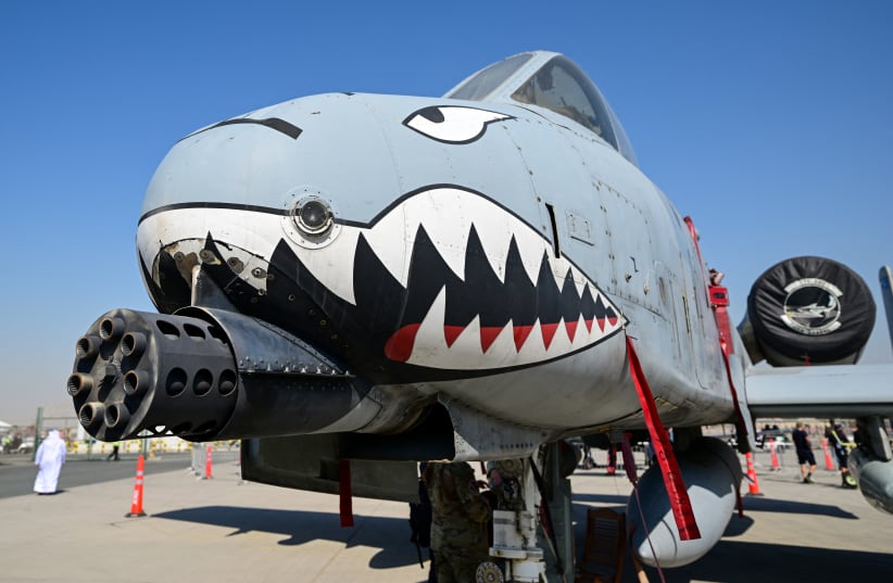 An A-10 Thunderbolt II is displayed at Al-Maktoum International Airport during the Dubai Airshow 2025 in Dubai on November 20, 2025. (photo credit: Giuseppe Cacace/AFP via Getty Images)
