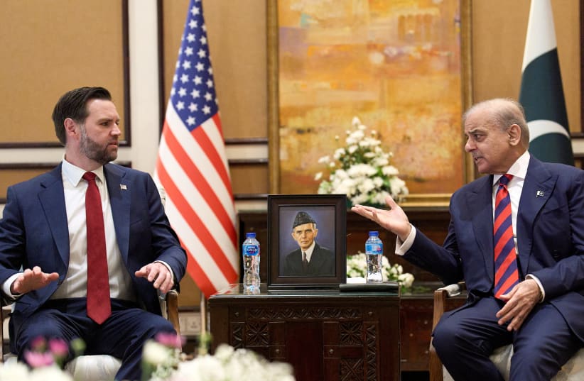 US Vice President JD Vance, left, meets with Pakistan's Prime Minister Shehbaz Sharif for talks about Iran, in Islamabad, Pakistan, April 11, 2026.