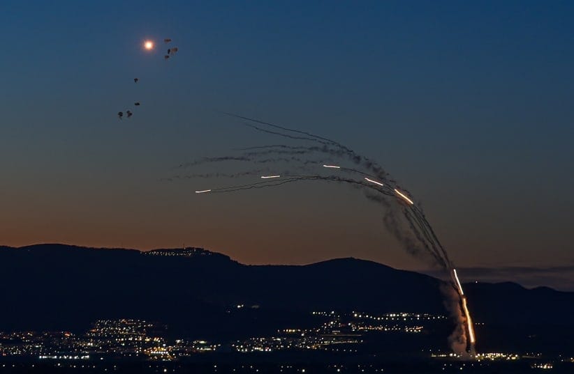 Anti-missile batteries fire interception missiles toward incoming ballistic missiles launched from Lebanon, as seen in northern Israel, during the war with Iran and Hezbollah and ongoing missile fire toward Israel, March 16, 2026. (photo credit: AYAL MARGOLIN/FLASH90)