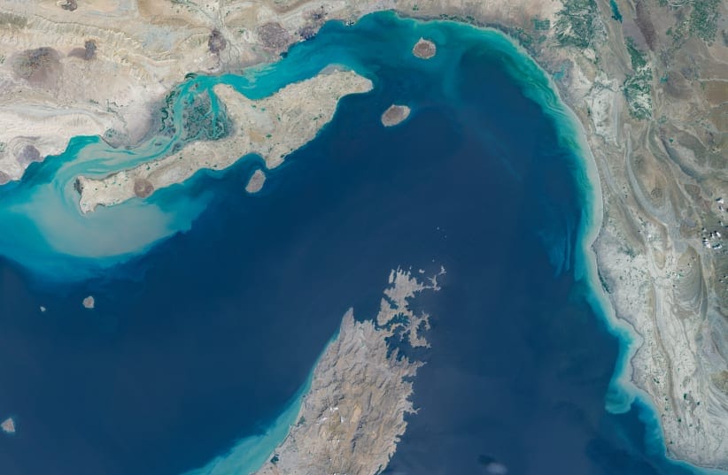 Maps4Media processed and enhanced Sentinal-2 satellite imagery shows a broad view of the Strait of Hormuz between southern Iran and Oman