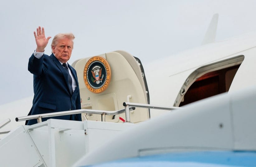 US President Donald Trump boards Air Force One en route to Joint Base Andrews, Maryland, as he departs Morristown Airport in Morristown, New Jersey, May 22, 2026. (photo credit: Reuters/Kylie Cooper)
