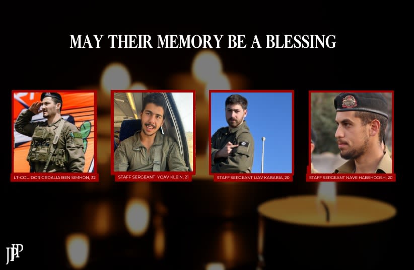 Lt.-Col. Dor Gedalia Ben-Simhon, 32, St.- Sgt. Yoav Klein, 21, St.-Sgt. Liav Kababia, 20, St.-Sgt. Nave Habshoosh, 20. (photo credit: IDF SPOKESPERSON