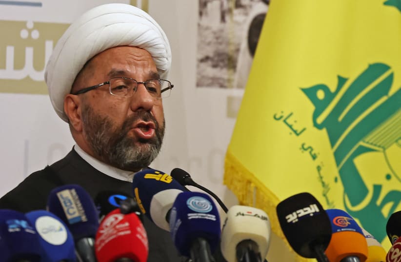 The head of Hezbollah's Executive Council, Ali Damoush addresses a press conference in the southern suburbs of Beirut on October 13, 2026.