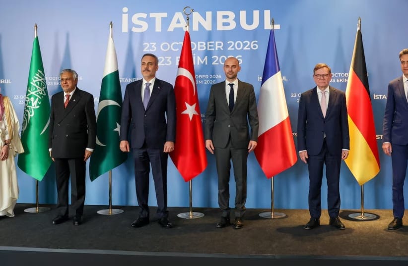 Turkish Foreign Minister Hakan Fidan poses with global government officials before their meeting in Istanbul, Turkey, October 23, 2026.