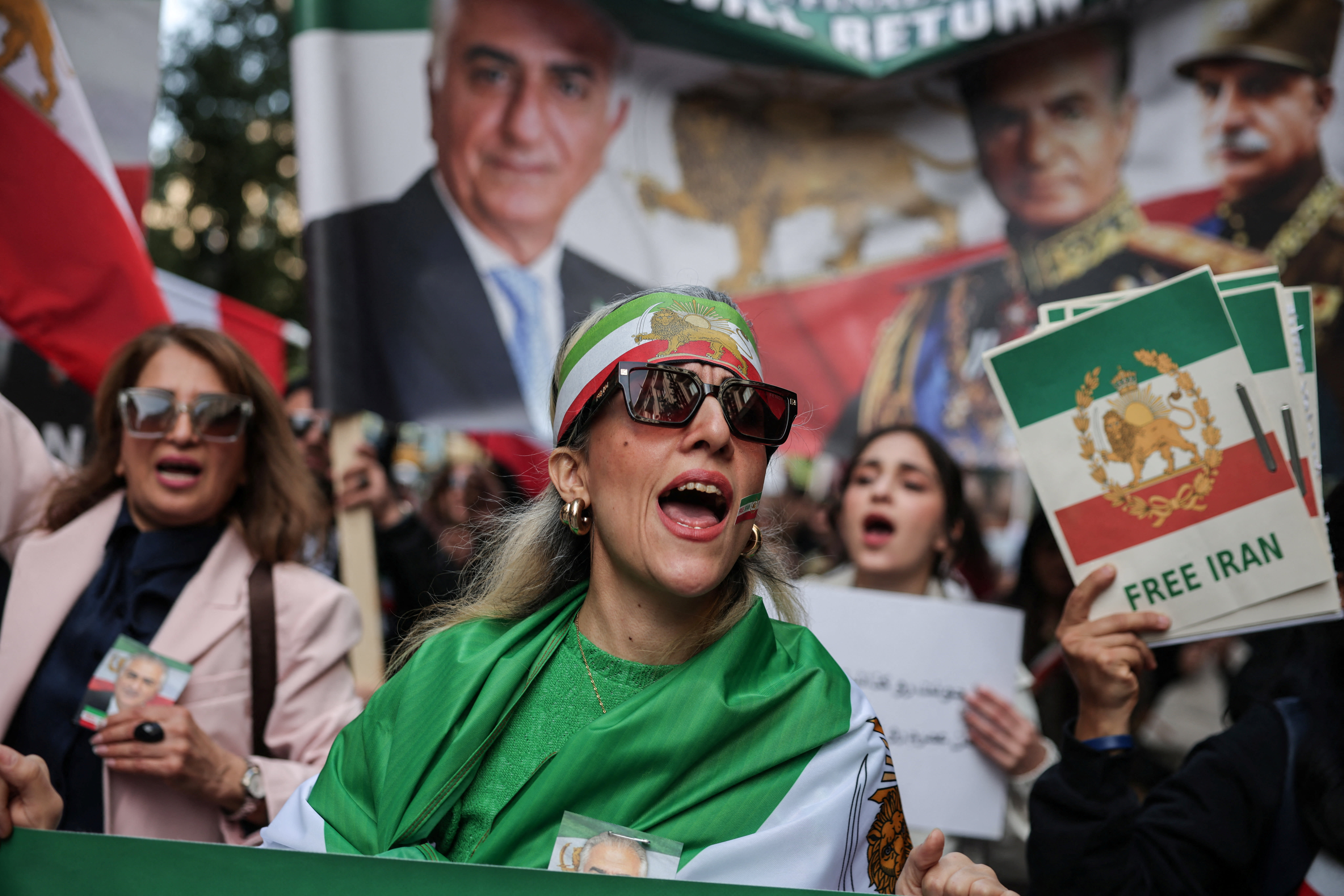 Iranians living in Greece chant slogans during a rally, marking the Global Day of Action for Iran, to support Iran