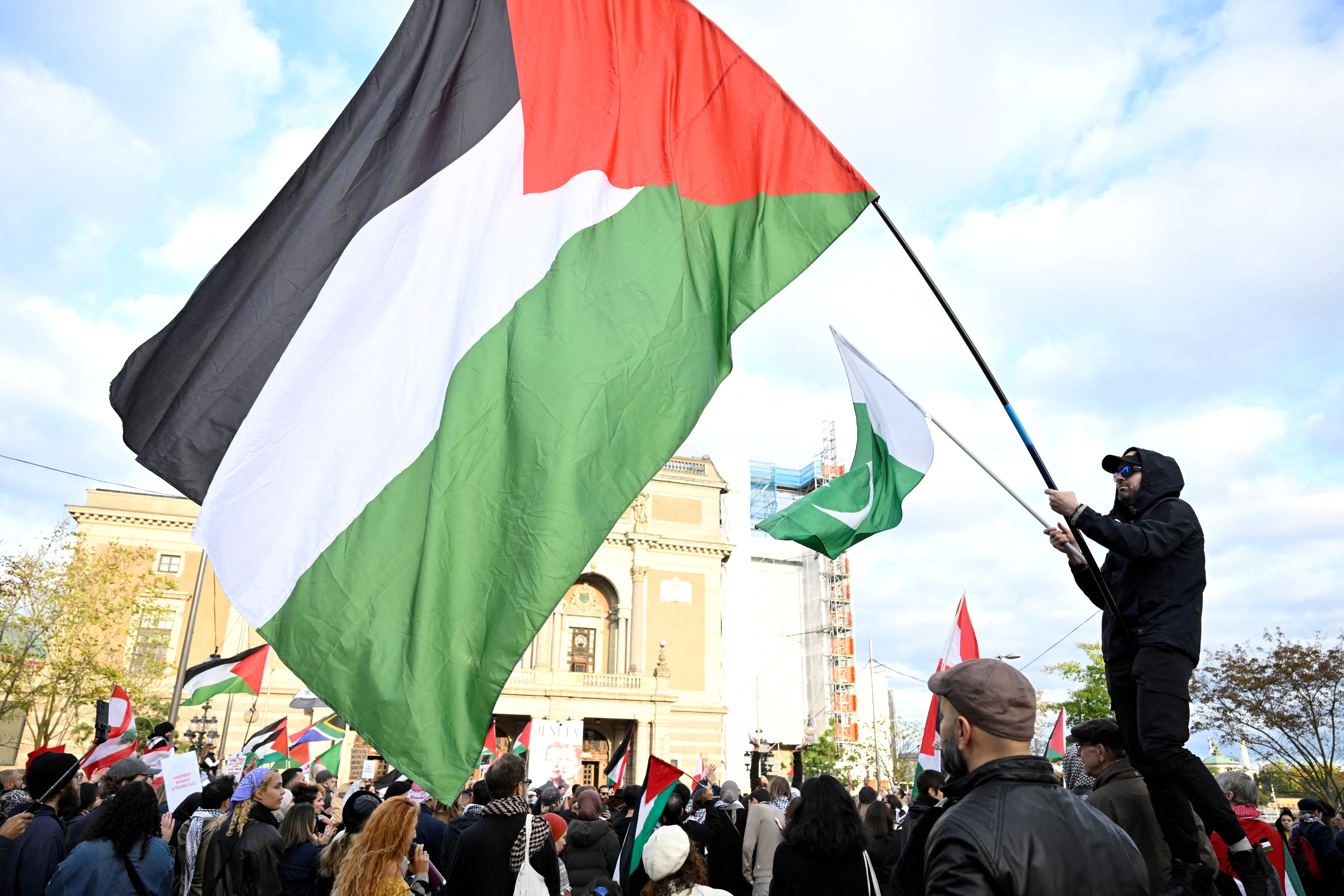 A demonstration in support of Palestine and Lebanon marches through Stockholm to Gustav Adolfs Torg, Sweden October 5. (photo credit: TT News Agency/Jessica Gow via REUTERS)
