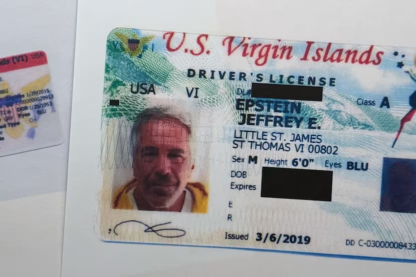 A partially redacted document that was included in the US Department of Justice release of the Jeffrey Epstein files, photographed Wednesday, February 4, 2026, shows a US Virgin Islands drivers license. (photo credit: AP Photo/Jon Elswick via TNS)