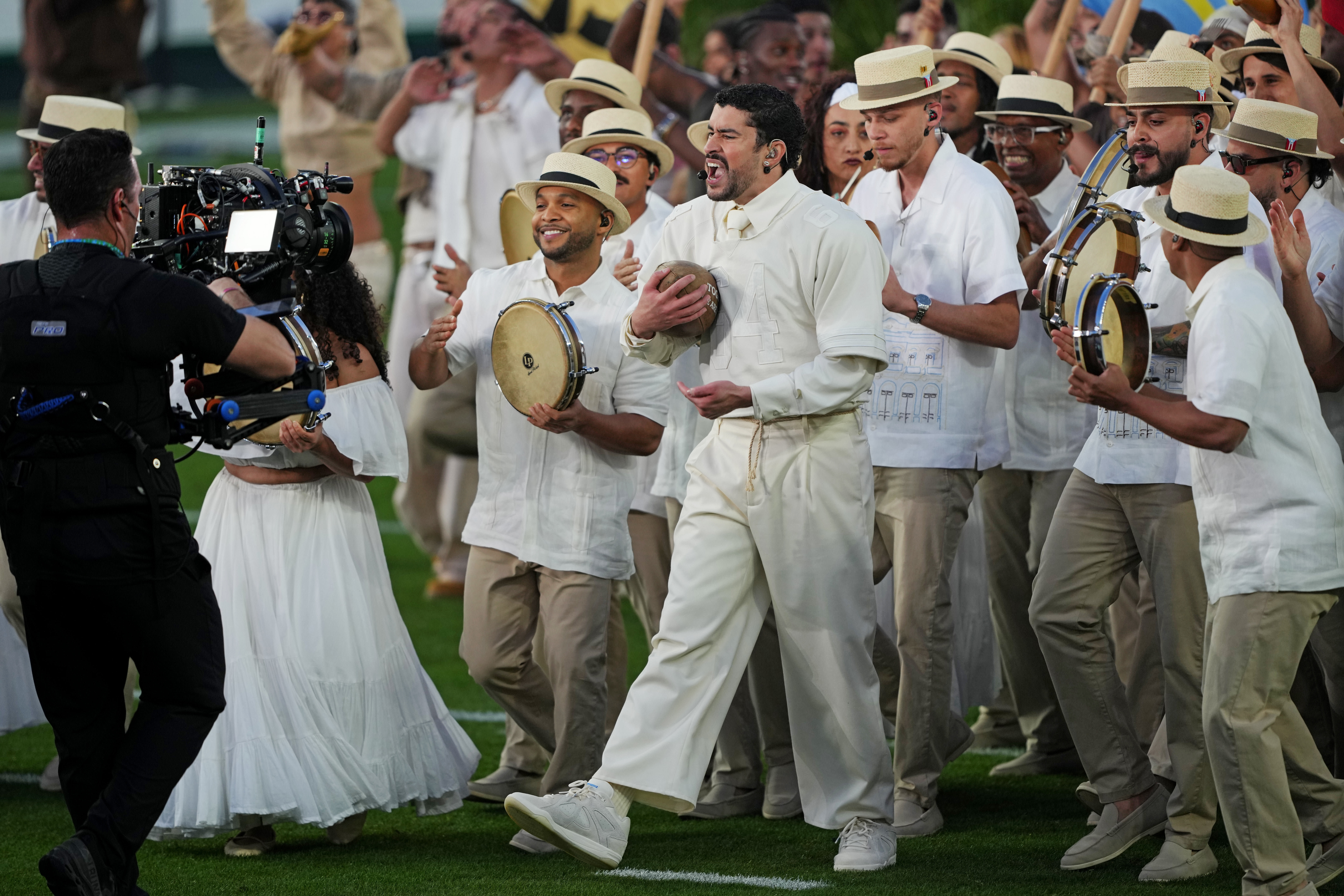 Feb 8, 2026; Santa Clara, CA, USA; Bad Bunny performs during the Half Time show in Super Bowl LX at Levi