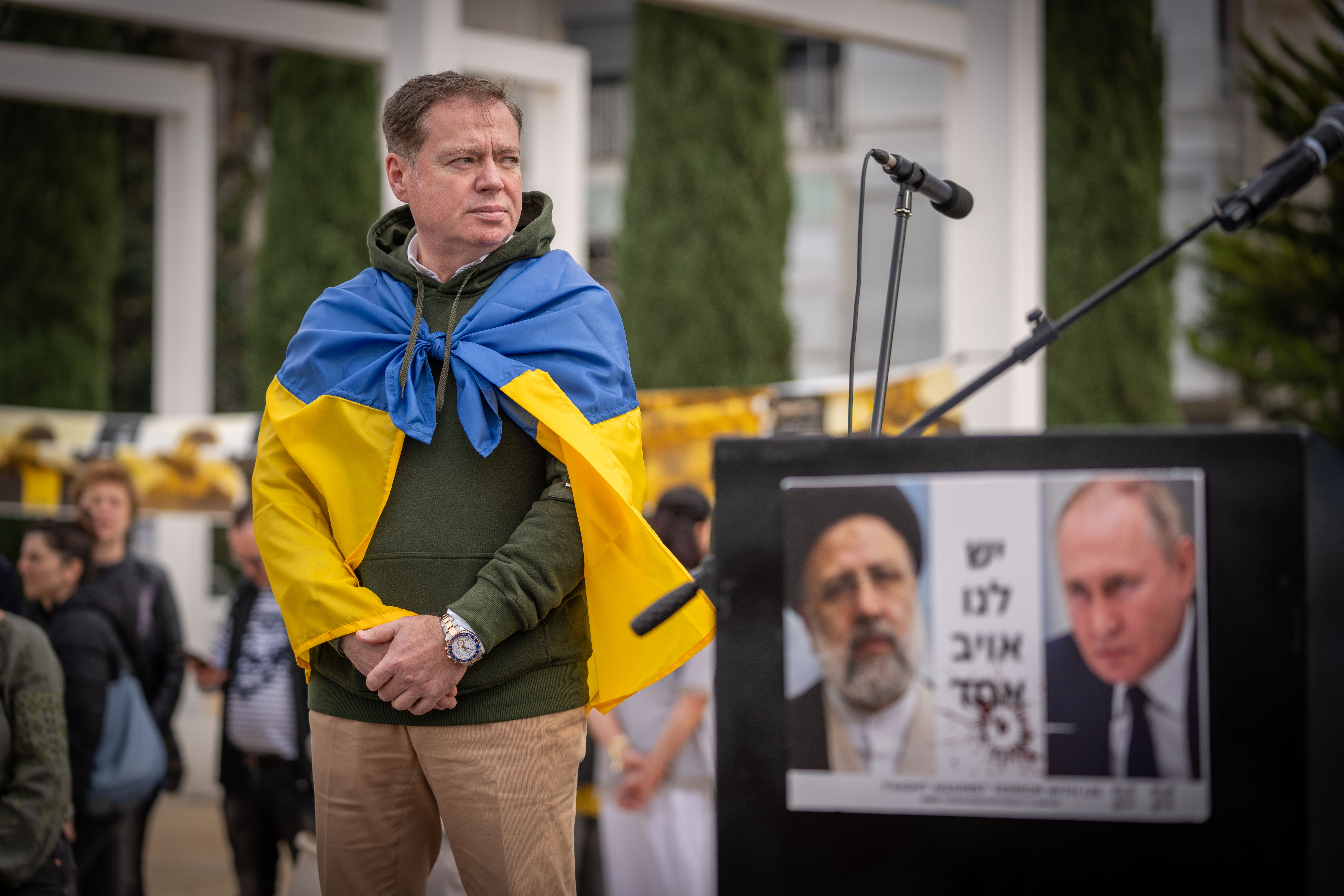 Ukrainian Ambassador to Israel Yevgen Korniychuk attends a ceremony marking the two years anniversary of the Russian invasion of Ukraine, in Tel Aviv on February 23, 2023. (photo credit: ERIK MARMOR/FLASH90)