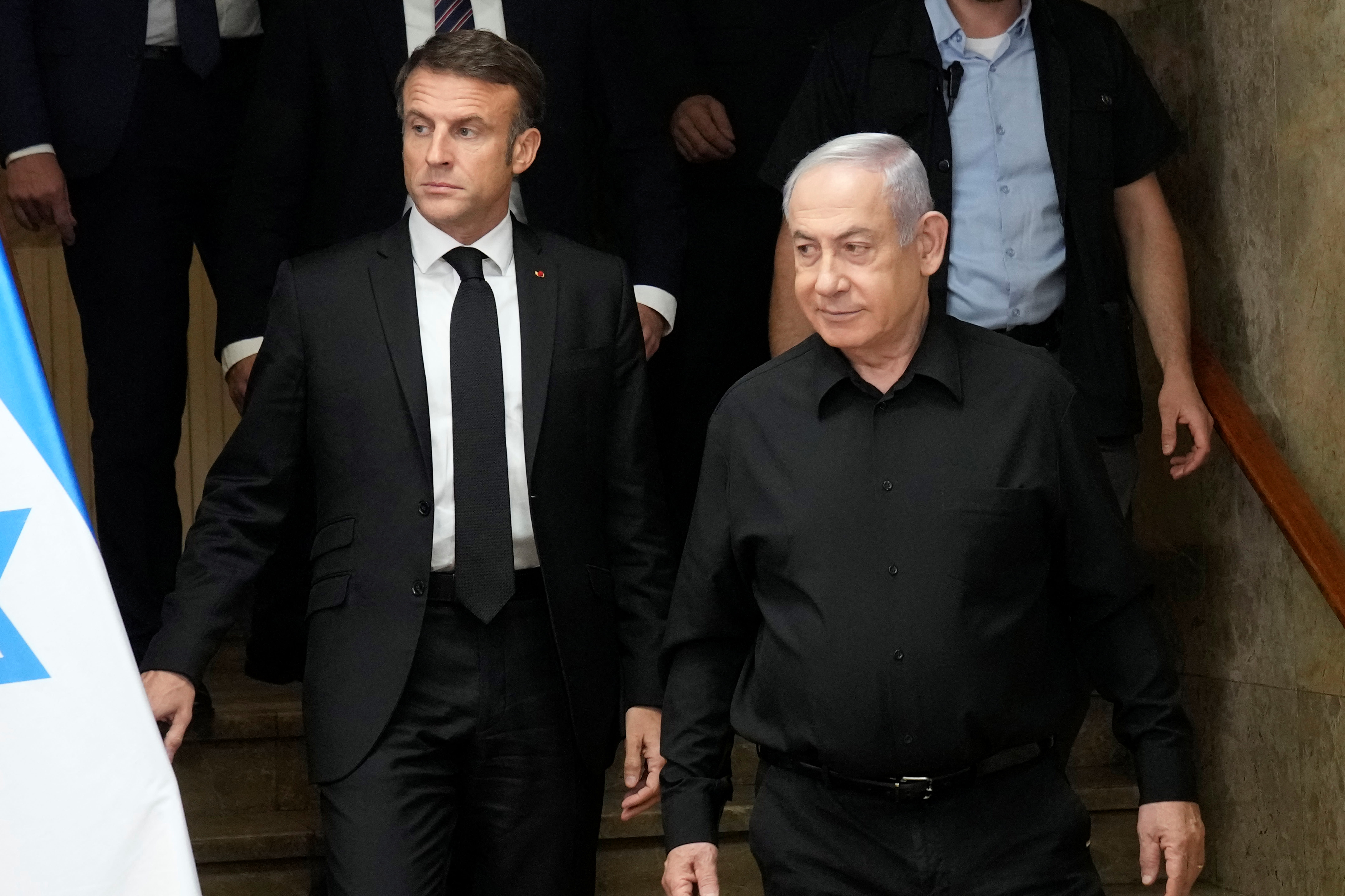 Israeli Prime Minister Benjamin Netanyahu and French President Emmanuel Macron hold a joint press conference, amid the Israeli-Hamas conflict, in Jerusalem, October 24, 2023. (photo credit: CHRISTOPHE ENA/POOL VIA REUTERS)