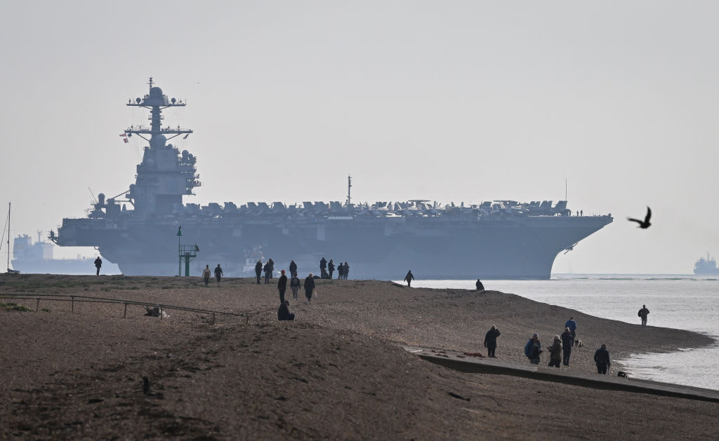 AMERICAN AIRCRAFT Carrier USS Gerald Ford arrives, on November 14, 2022 in Gosport, England. (photo credit: Finnbarr Webster/Getty Images)