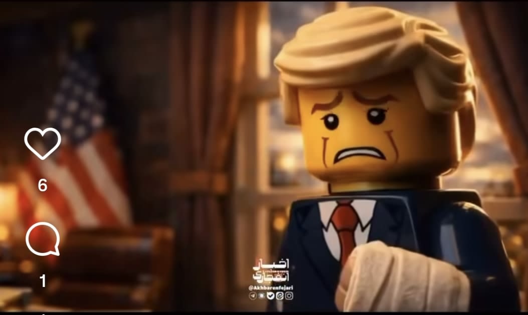 A screenshot from an AI-generated Iranian video mocking US President Donald Trump, represented as a LEGO minifigure. (photo credit: Screenshot/Instagram)