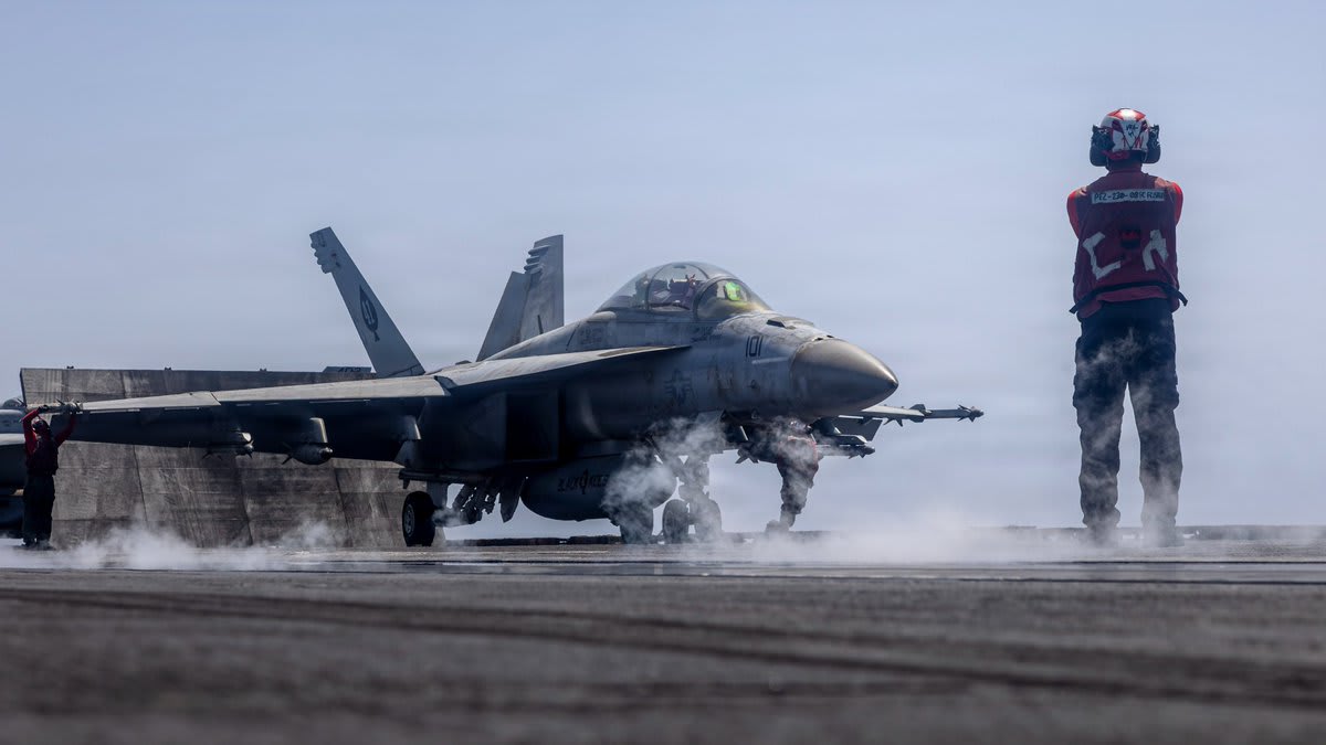 US Navy F-18 prepares to launch from a carrier, May 29, 2026. (photo credit: X/CENTCOM)