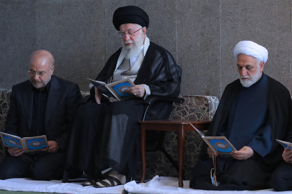 IRAN’S NEW cast: Former Iranian supreme leader Ayatollah Ali Khamenei sits between parliament speaker Mohammad Bagher Ghalibaf (left) and judiciary chief Gholamhossein Mohseni-Ejei during a mourning ceremony in Tehran. If diplomacy resumes, Ghalibaf could play a prominent role. (photo credit: Iranian Leader