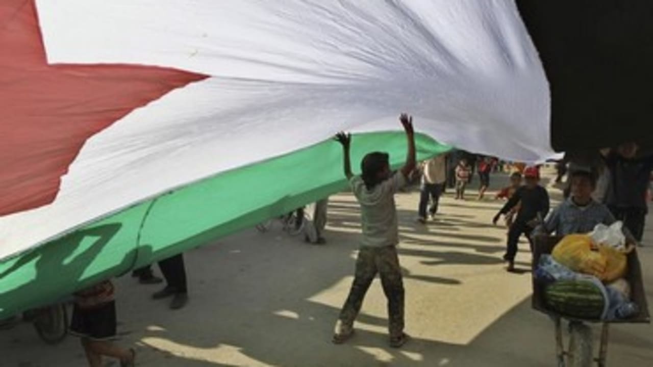 Syrian refugees hold a large Syrian opposition flag 370