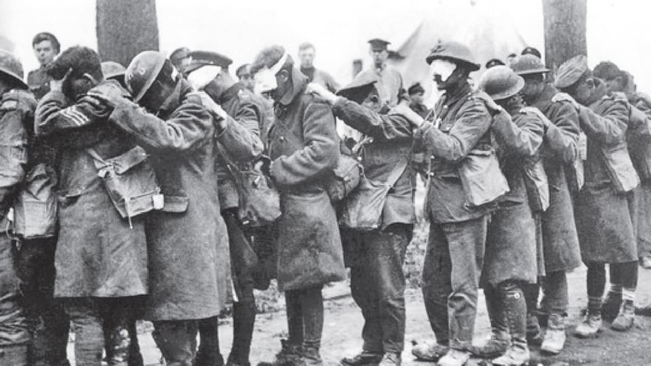 British 55th Division gas casualties are photographed on April 10, 1918.