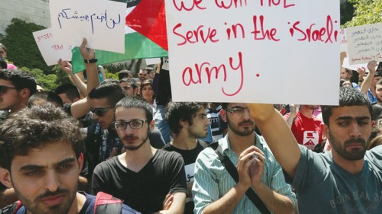 ARAB STUDENTS on the Hebrew University campus protest conscription for Christian and Druse citizens last month.