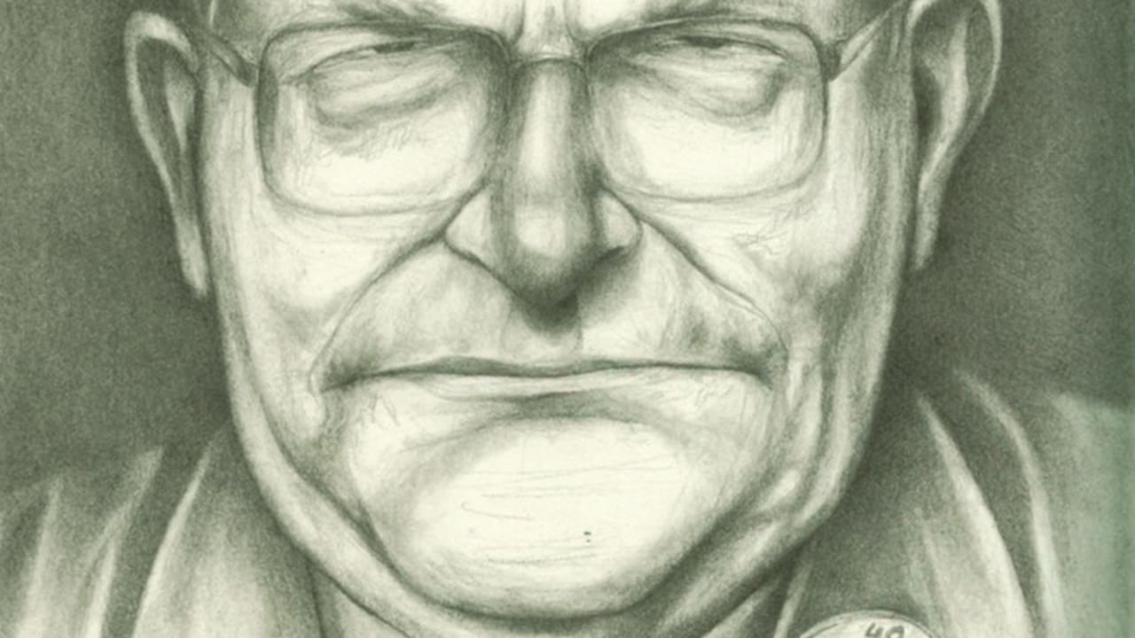 The head of Moti Kirschenbaum, as imagined by artist Tsachi Farber, holding members of the original cast of ‘Nikui Rosh.’