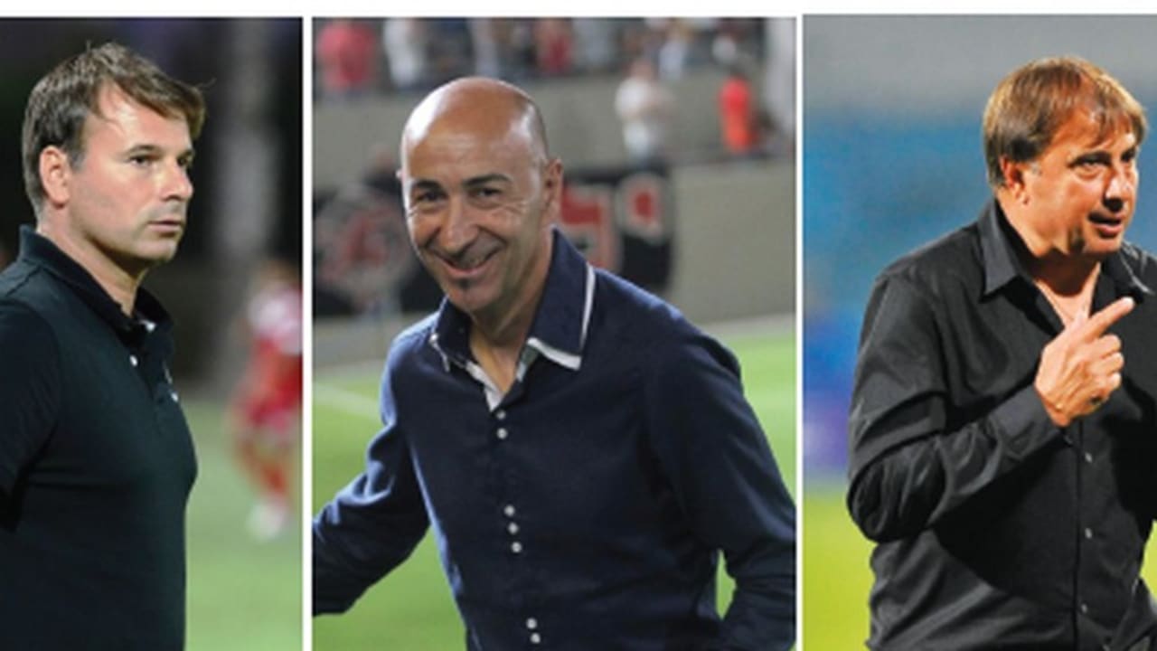 Only a Premier League title will be considered a success for new Maccabi Haifa coach Aleksandar Stanojevic (left), new Maccabi Tel Aviv coach Pako Ayestaran (center) and Hapoel Beersheba coach Elisha Levy (right).