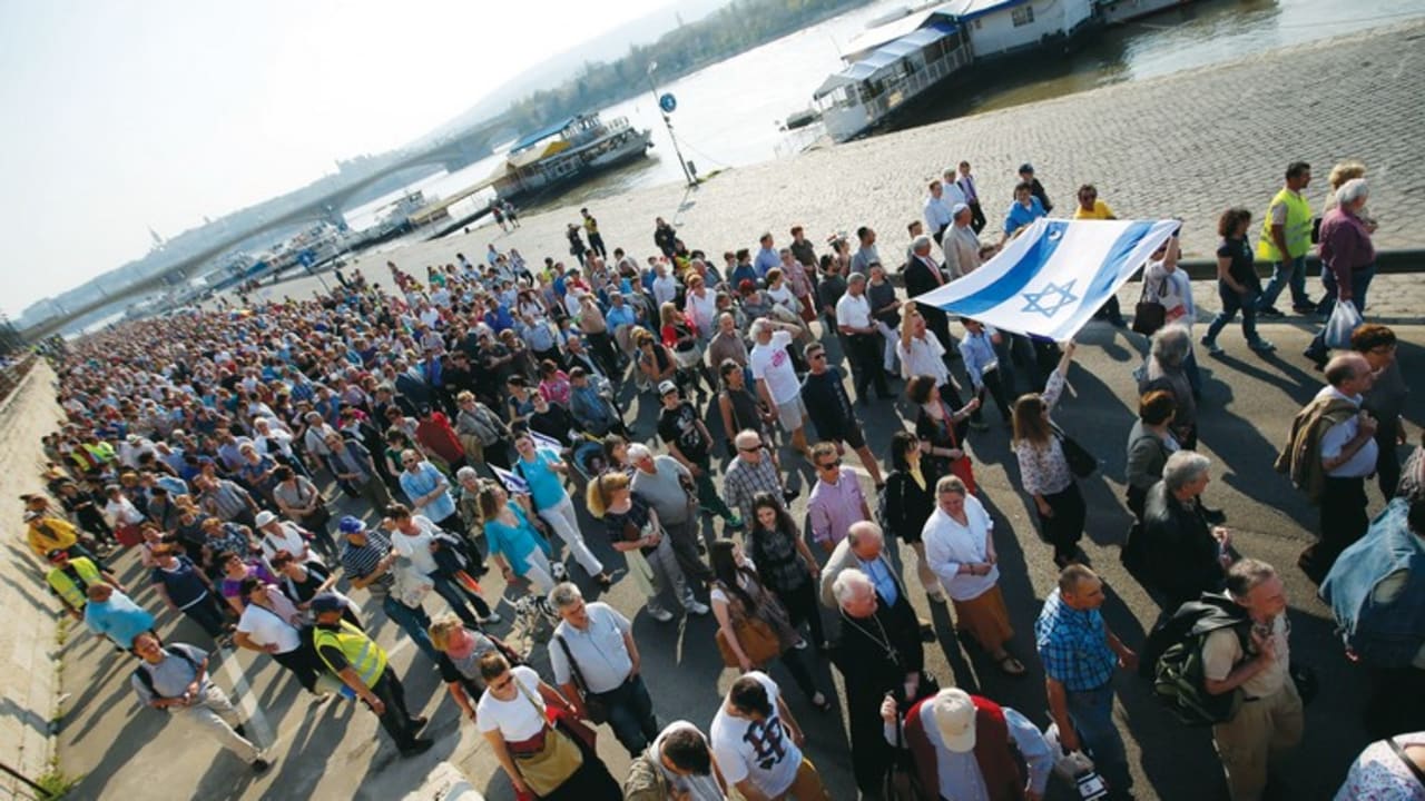 Participants on the March of the Living walk through Budapest.