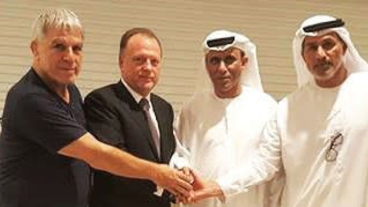 Israel Judo Association chairman Moshe Ponte (far left) poses with International Judo Federation President Marius Vizer, President of the UAE Judo Federation Mohammad Bin Thaloub AL Darei and UAE Judo, Wrestling and Kickboxing Federation General Secretary Naser AL-Tameemi after they met on Saturday 