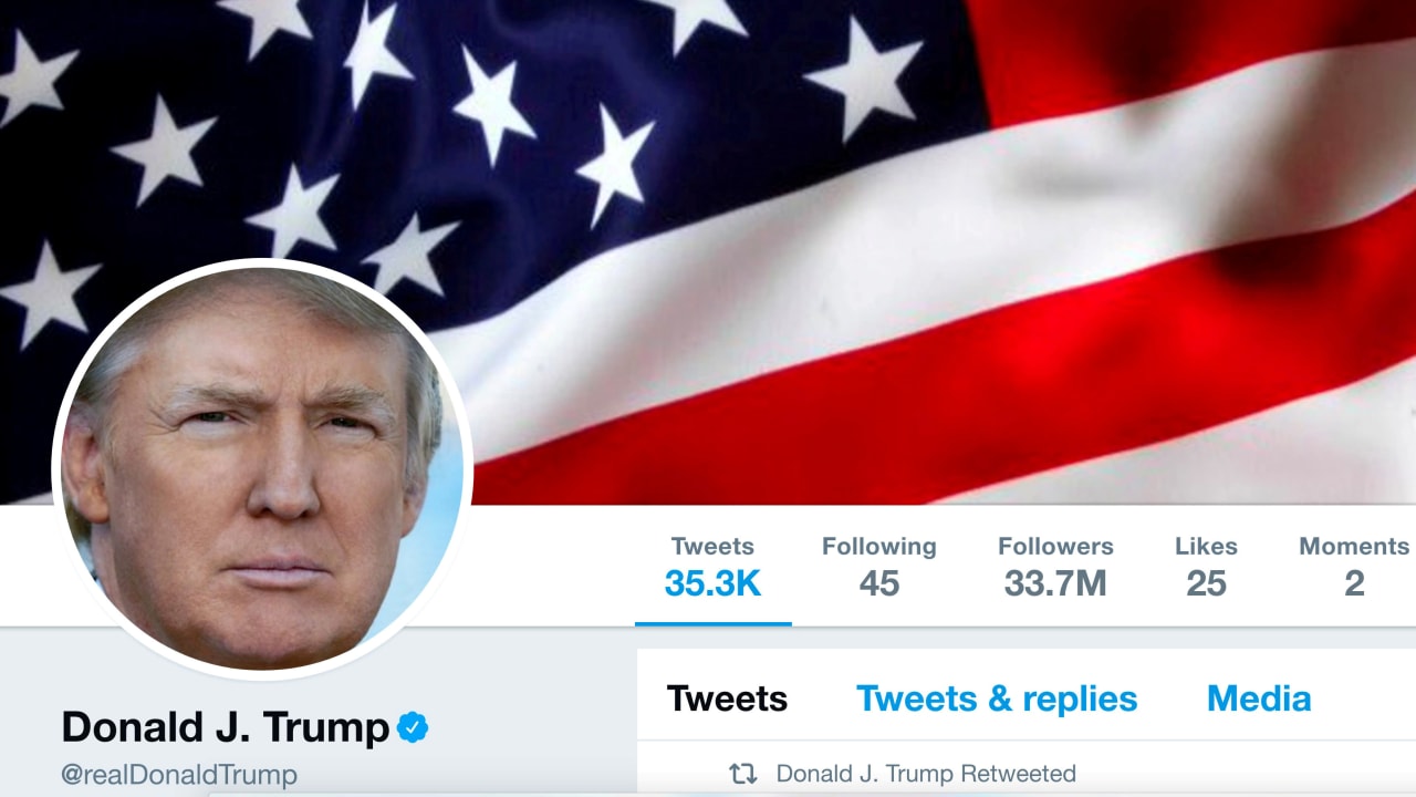 The masthead of U.S. President Donald Trump's @realDonaldTrump Twitter account is seen on July 11, 2017.