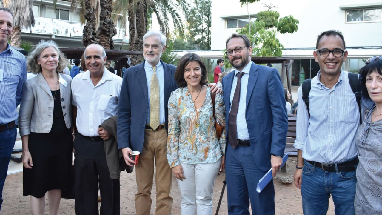 FROM RIGHT: Rachelle Schilo, Eastern Mediterranean International School director of development; Ali Haj Mohammed, a teacher at EMIS; Emanuele Giaufret, head of EU Delegation to Israel; Margarida Mano, Union for the Mediterranean; Joao Bernardo Weinstein, ambassador of Portugal; Kobi Naveh, director