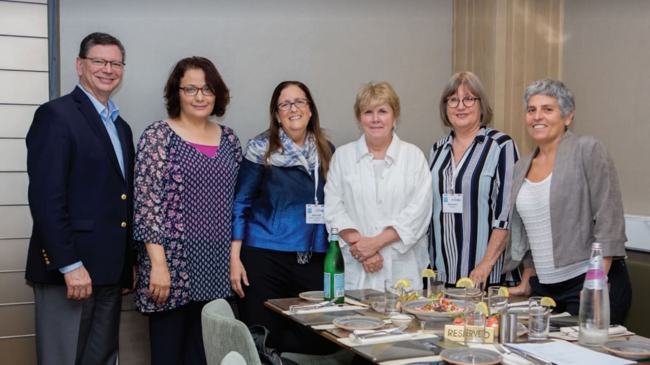(LEFT TO right) Steven A. Rakitt, president of The Genesis Prize Foundation; Samah Salaime, founder of Arab Women in the Center; Ahuva Yanai, CEO of Matan-United Way Israel; Jane Holl Lute; Ronit Lev Ari, founder of Beit Ruth – Breaking the Cycle of Violence; and Ella Alkalai, chairwoman of the Isra