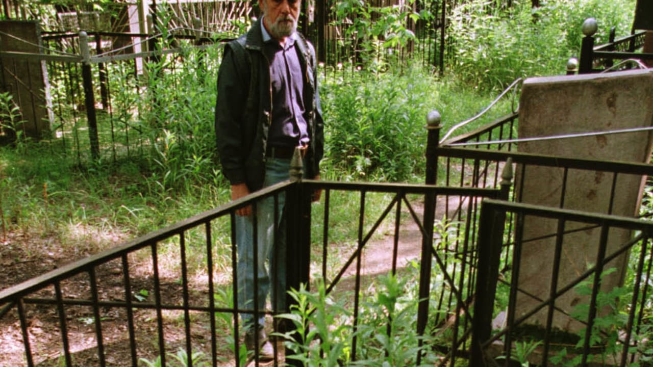 A man looks at a fallen tombstone at Jewish cemetery in Malakhovka, some 25 km east from Moscow