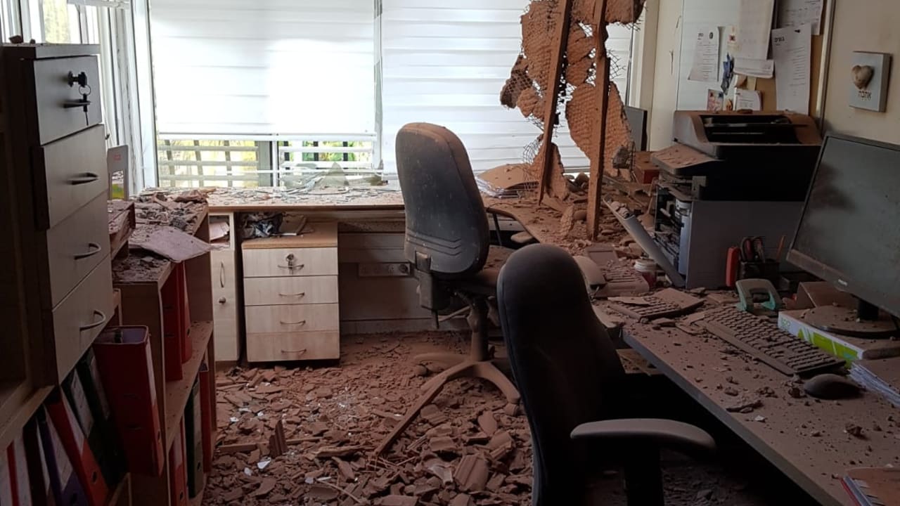 Aharon Ben-Porat’s office in Sderot following a rocket hit