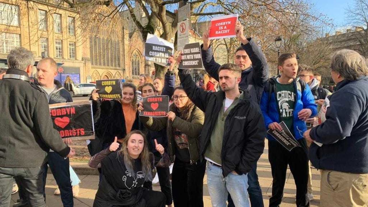 Jewish students from Bristol University protest against Labour antisemitism during a pro-Jeremy Corbyn election rally in the College Green. 