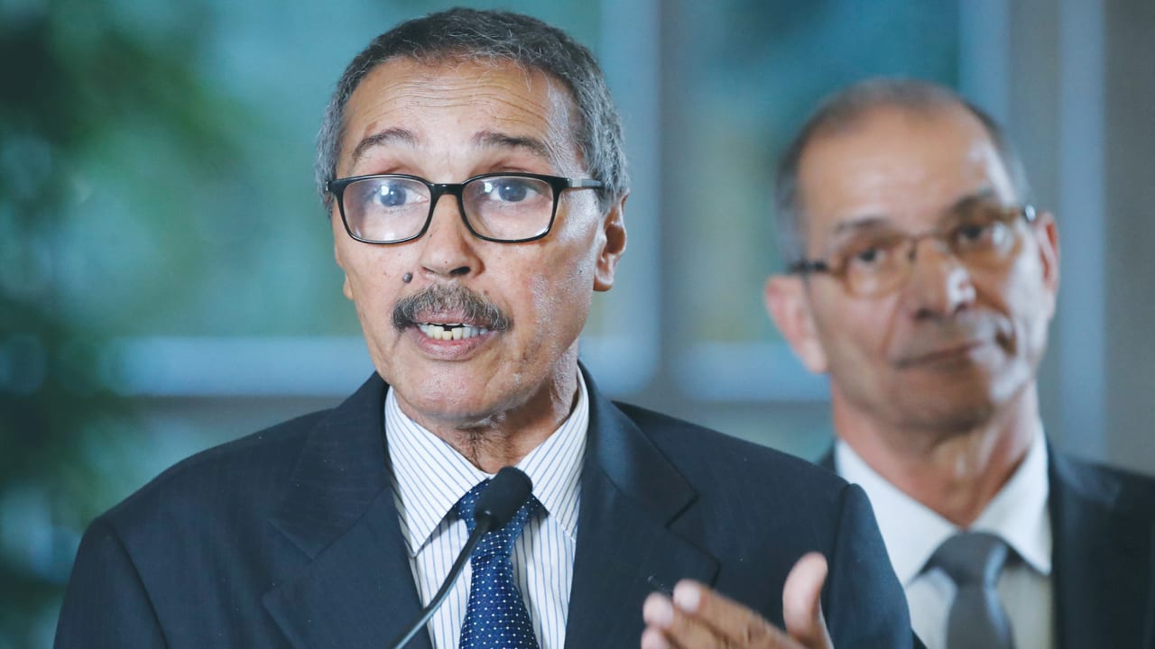 KHATRI ADDOUH, leader of the Sahrawi delegation and Frente Polisario, attends a news conference after a 2018 roundtable on Western Sahara at the UN in Geneva.