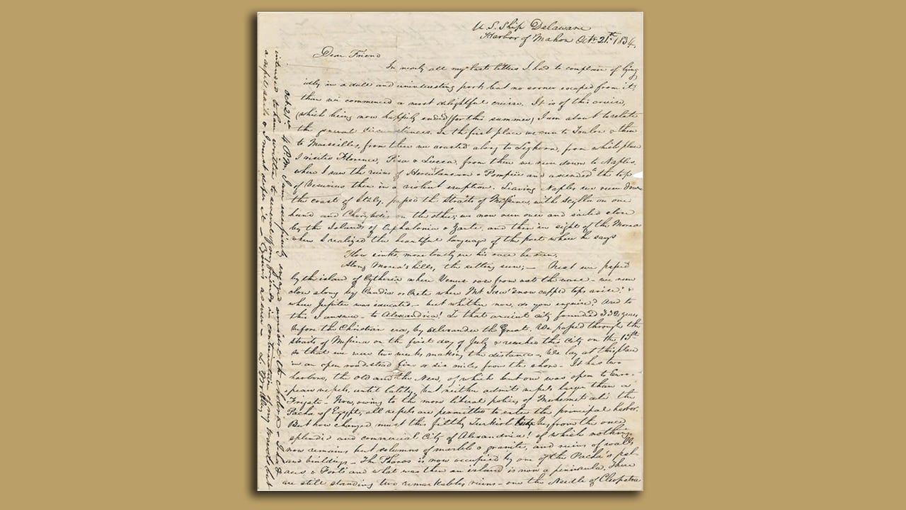 The first page of a newly discovered letter written by a passenger of the USS Delaware in 1834, following one of the first American voyages to Palestine.
