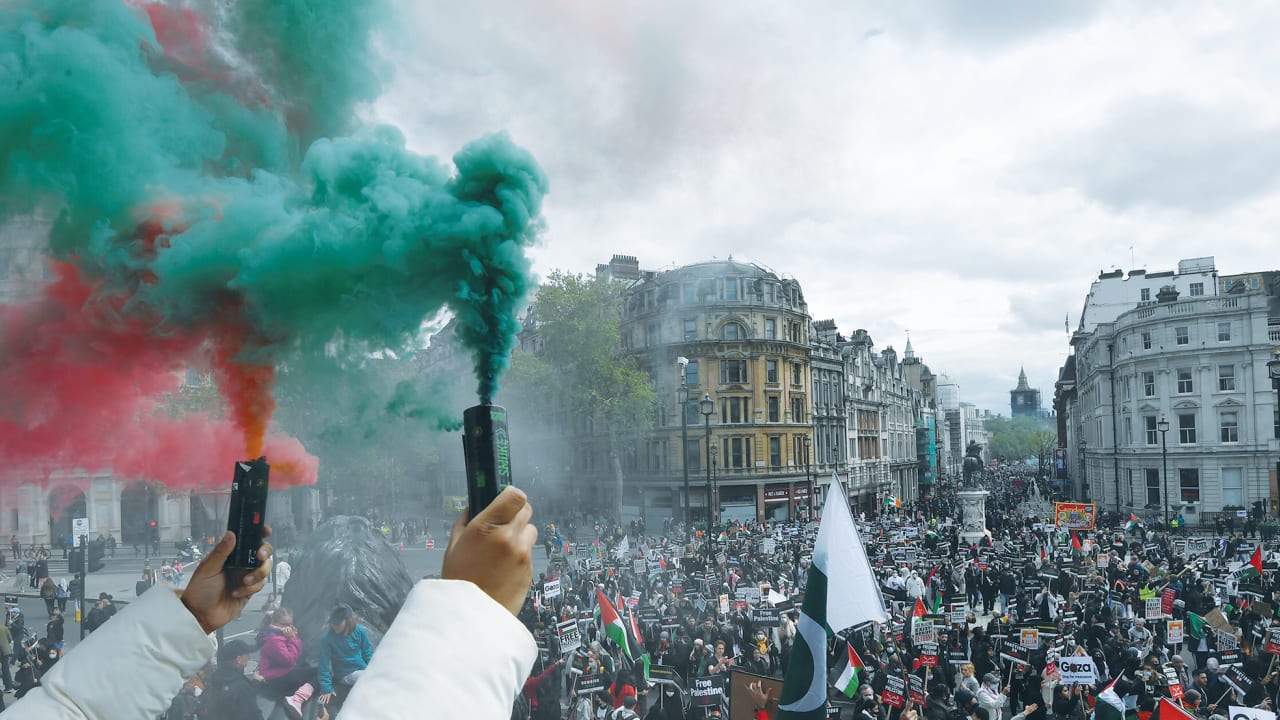 Pro-Palestinian demonstrators rally in London on May 22.