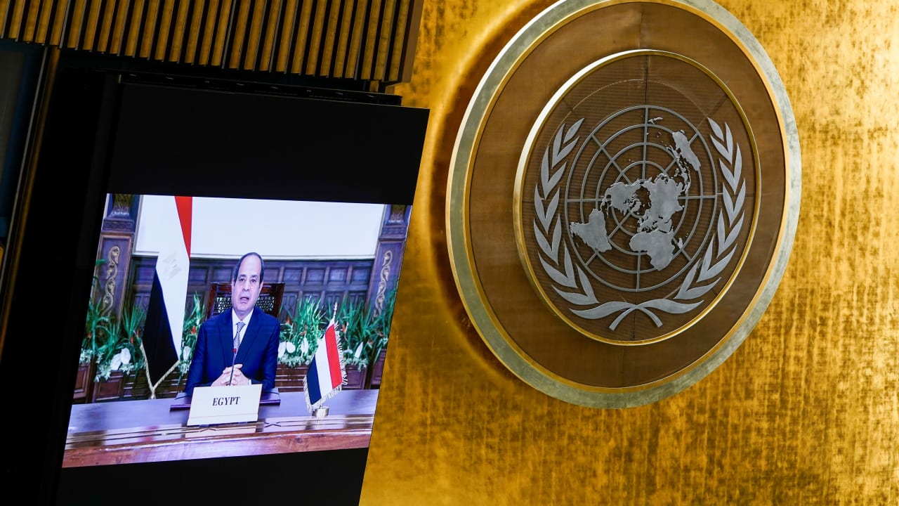 EGYPTIAN PRESIDENT Sisi speaks remotely during the 76th Session of the General Assembly at UN headquarters, New York, September 21. 