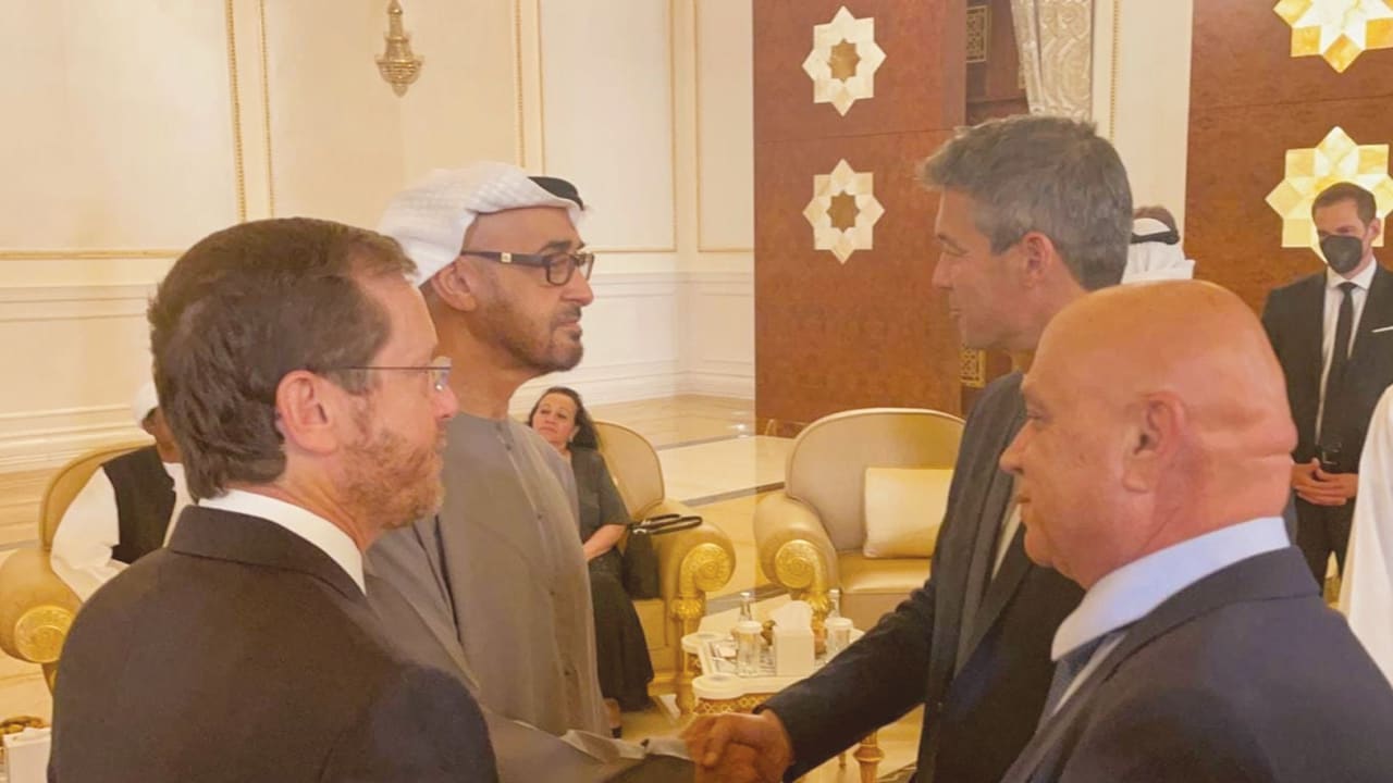  COMMUNICATIONS MINISTER Yoaz Hendel offers his condolences to President Sheikh Mohammed bin Zayed on the death of his brother, as President Isaac Herzog and Regional Cooperation Minister Esawi Frej look on