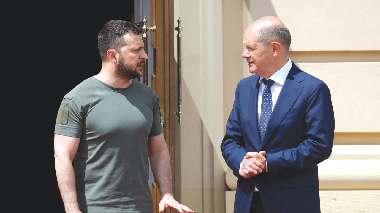  German Chancellor Olaf Scholz meets with Ukrainian President Volodymyr Zelensky in Kyiv, last June