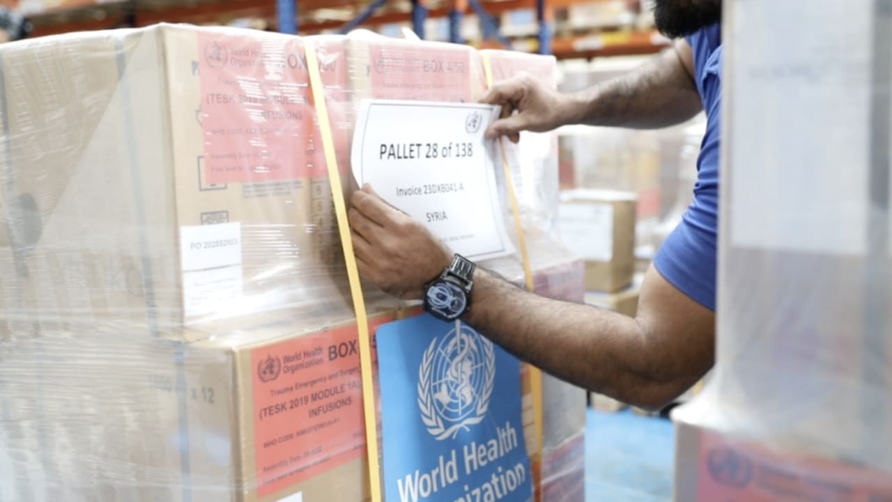Aid cargo at the IHC warehouse destined for Syria