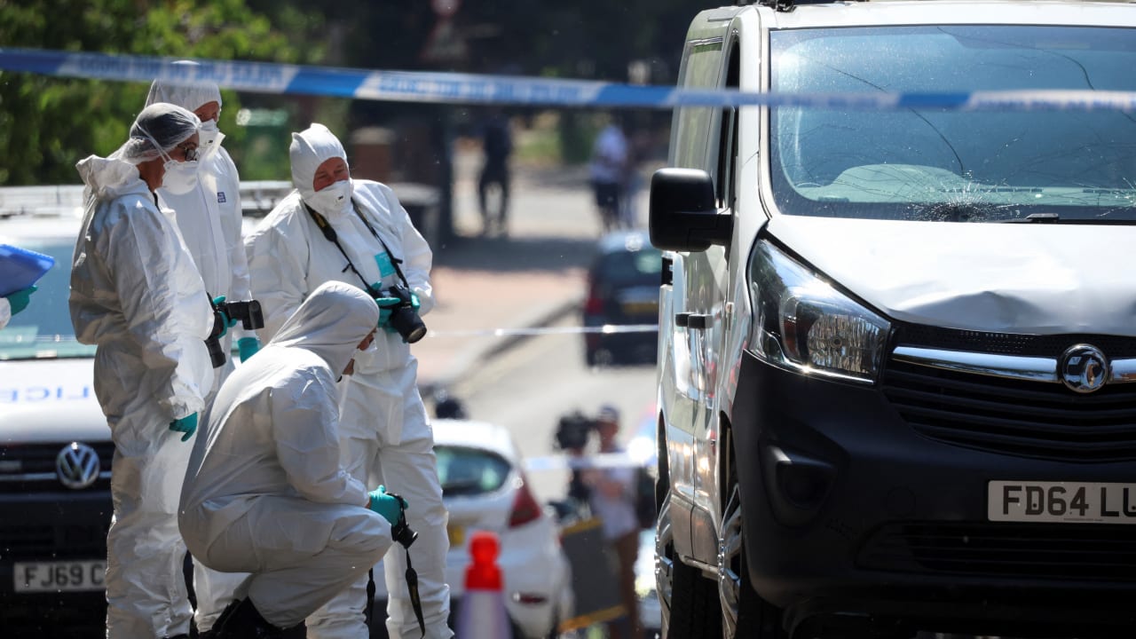  Police forensic officers work near a van in a cordon on the Bentinck Road following a deadly attack in Nottingham city centre, Nottingham, Britain, June 13, 2023