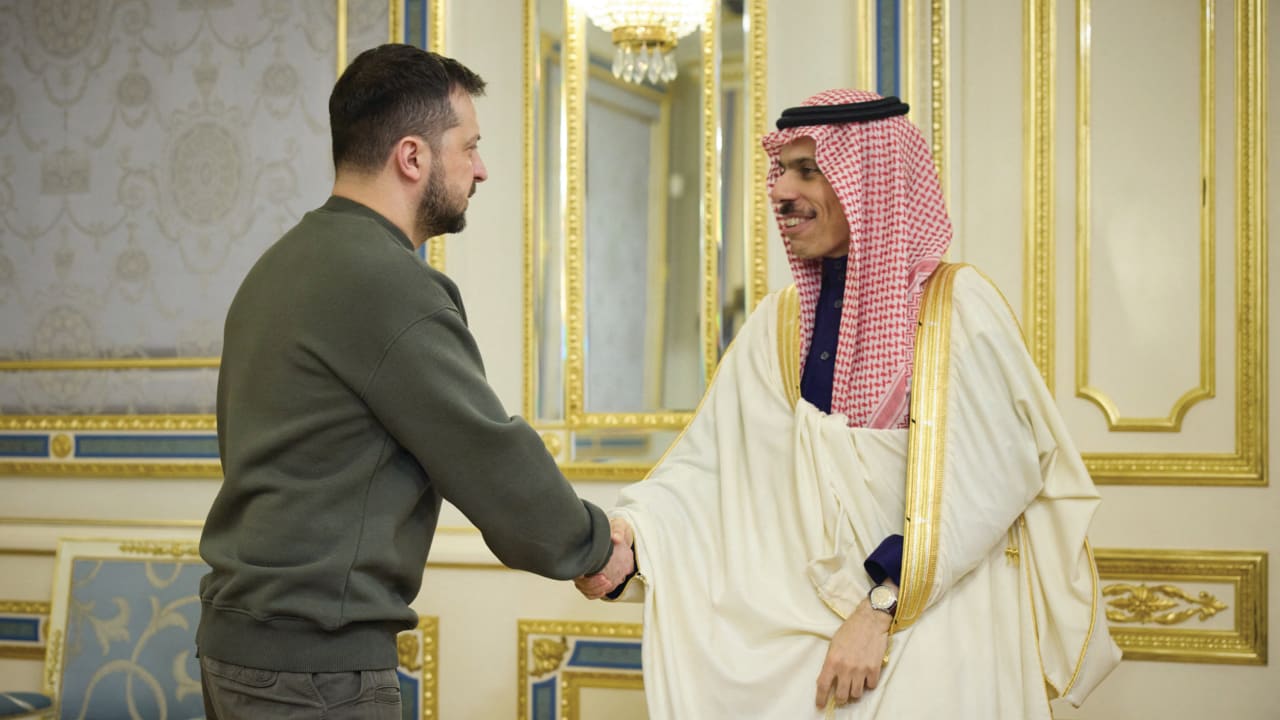  UKRAINE’S PRESIDENT Volodymyr Zelensky welcomes Saudi Foreign Minister Prince Faisal bin Farhan, in Kyiv, earlier this year. 