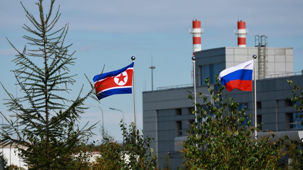  A view shows flags of Russia and North Korea ahead of the meeting of Russia's President Vladimir Putin and North Korea's leader Kim Jong Un at the Vostochny Сosmodrome in the far eastern Amur region, Russia, September 13, 2023