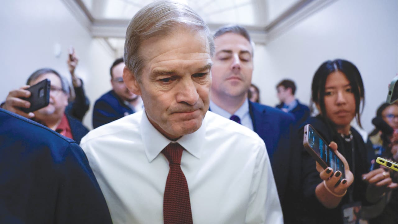  US REPRESENTATIVE Jim Jordan, vying for the position of speaker of the House, speaks to the media following a meeting of House Republicans, on Capitol Hill, on Monday. 