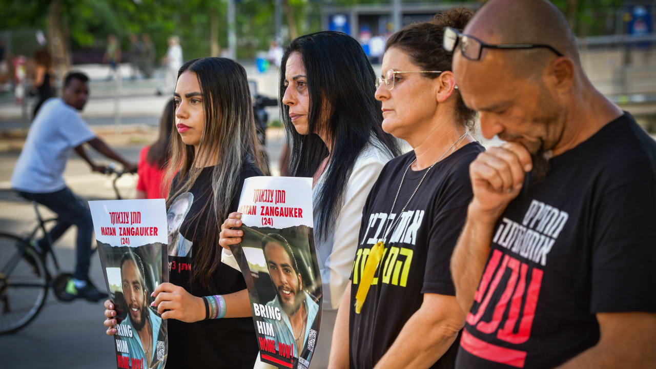  Relatives of Israelis held hostage by Hamas terrorists in Gaza hold a press conference in Tel Aviv on June 8, 2024Relatives of Israelis held hostage by Hamas terrorists in Gaza hold a press conference in Tel Aviv on June 8, 2024